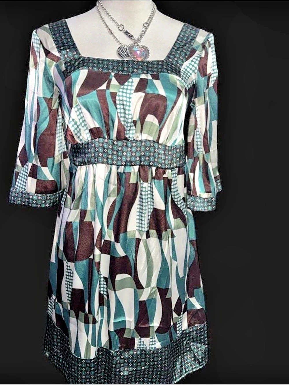 MONTEAU Geometric Mini Dress in Green & Brown Size Medium